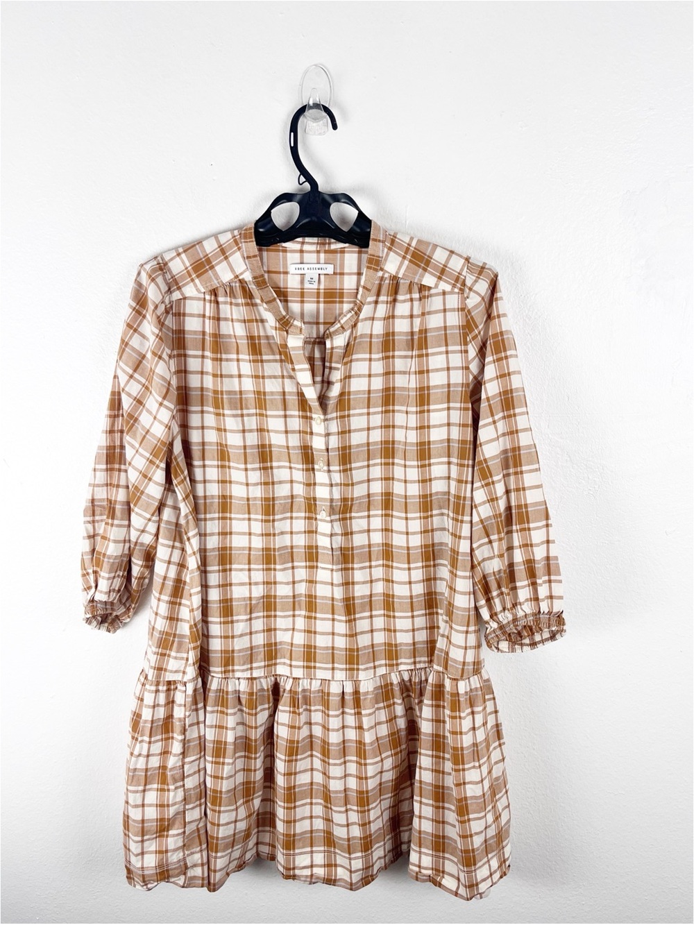 FREE ASSEMBLY 100% Cotton Plaid Long Sleeves Ruffle Trim Swing Mini Dress Medium